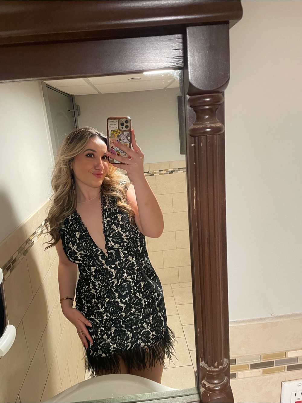 Adrianna Papell Black Lace Plunge Mini Dress with Feather Hem
